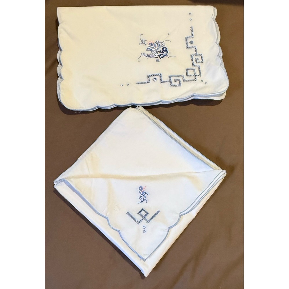 Lit Of 8 tea cloth matching napkins Embroid reminiscent Jacobean floral designs